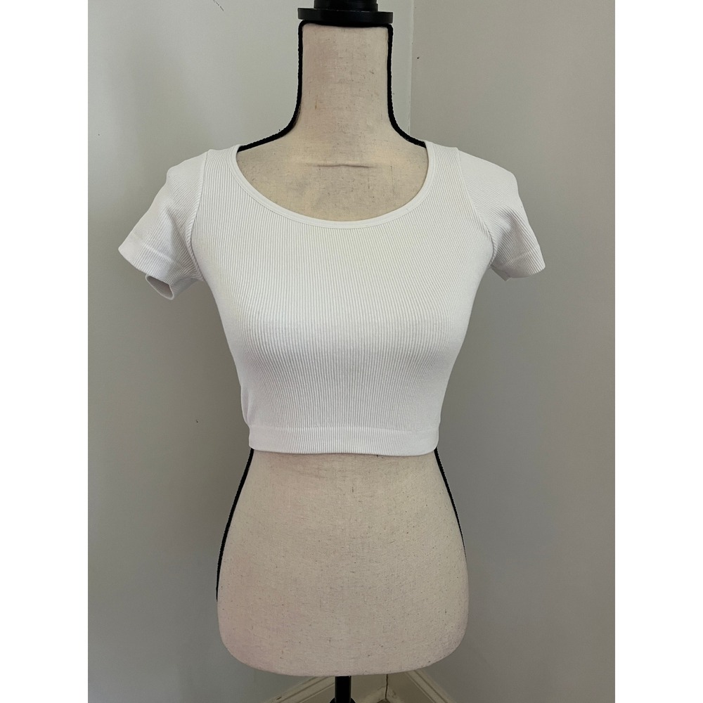 White Scoop Neck Crop Top Small Ribbed Short Sleeve Basic Summer Y2K Everyday